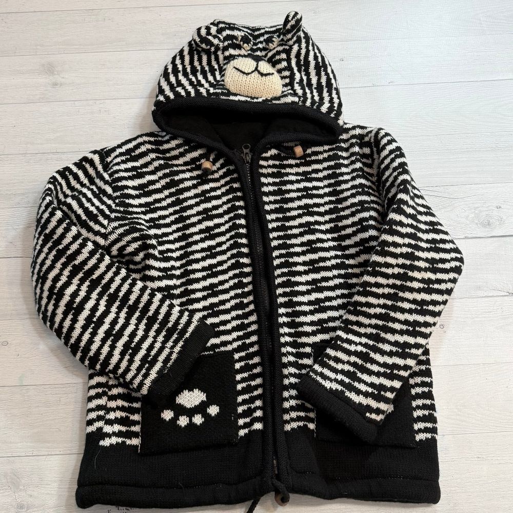 Handknit Wool Sweater Coat made in Nepal black and white cat Zip Up